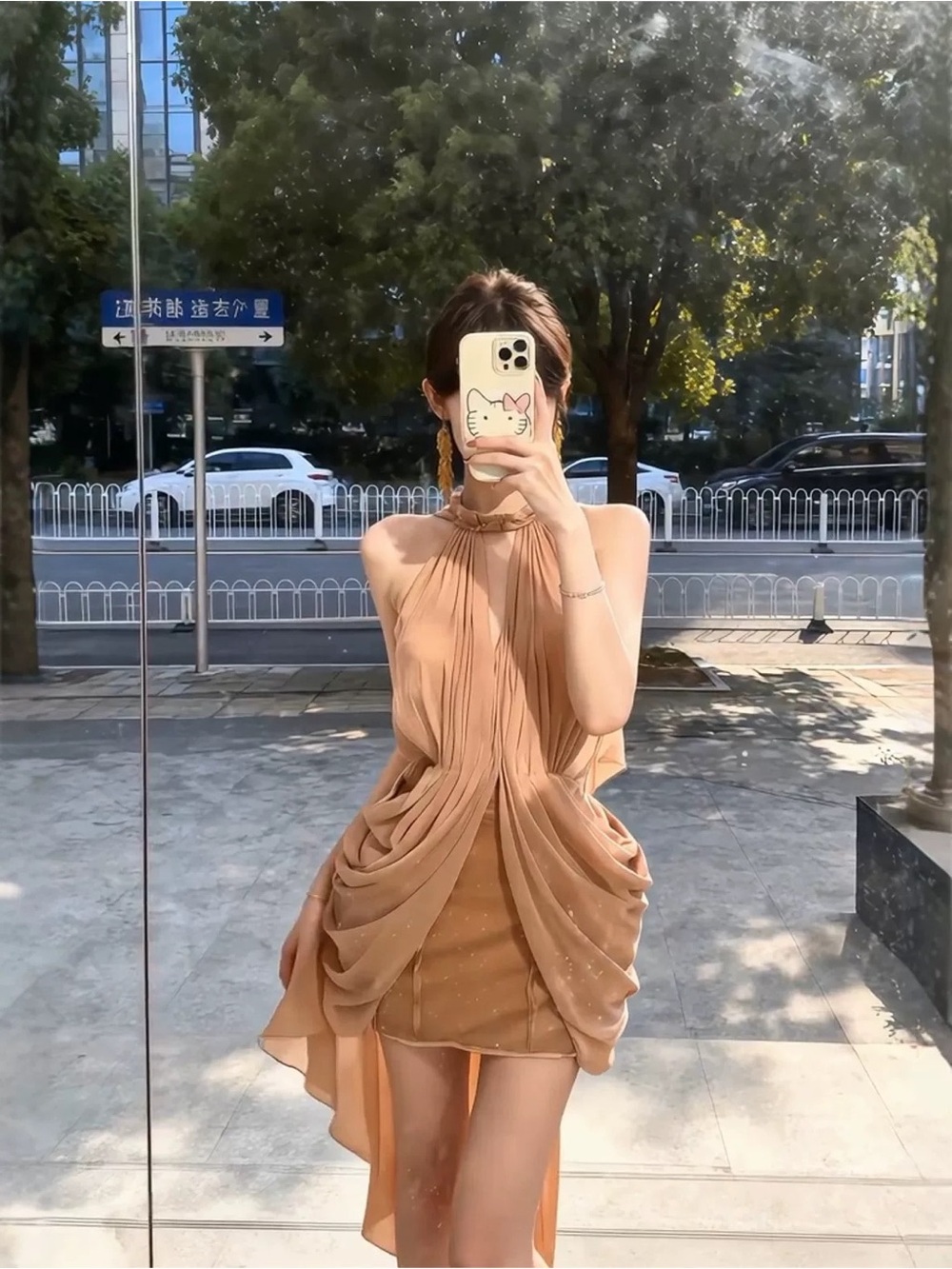 Sleeveless Draped Tan Mini Dress